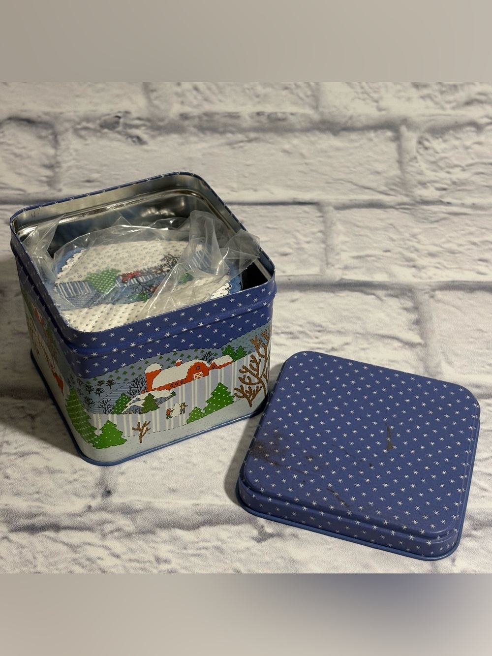 Vintage Potpourri Press winter themed tin + stamped paper coasters